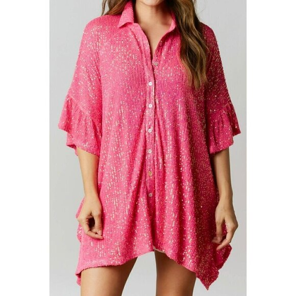 Sweet Dream Sequin Poncho Button-Down Tunic in Hot Pink - Picture 7 of 9